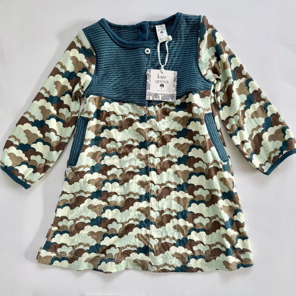 NWTKate Quinn Dress 3T | Long Sleeve, Cloud Print | Green, Teal, & Brown